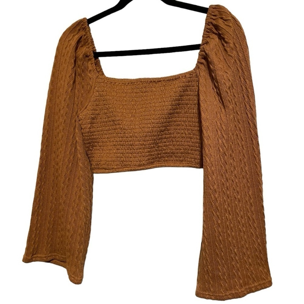 Boutique A Love Like You Smocked Crop Top With Bell Sleeves Acorn Brown Sz M